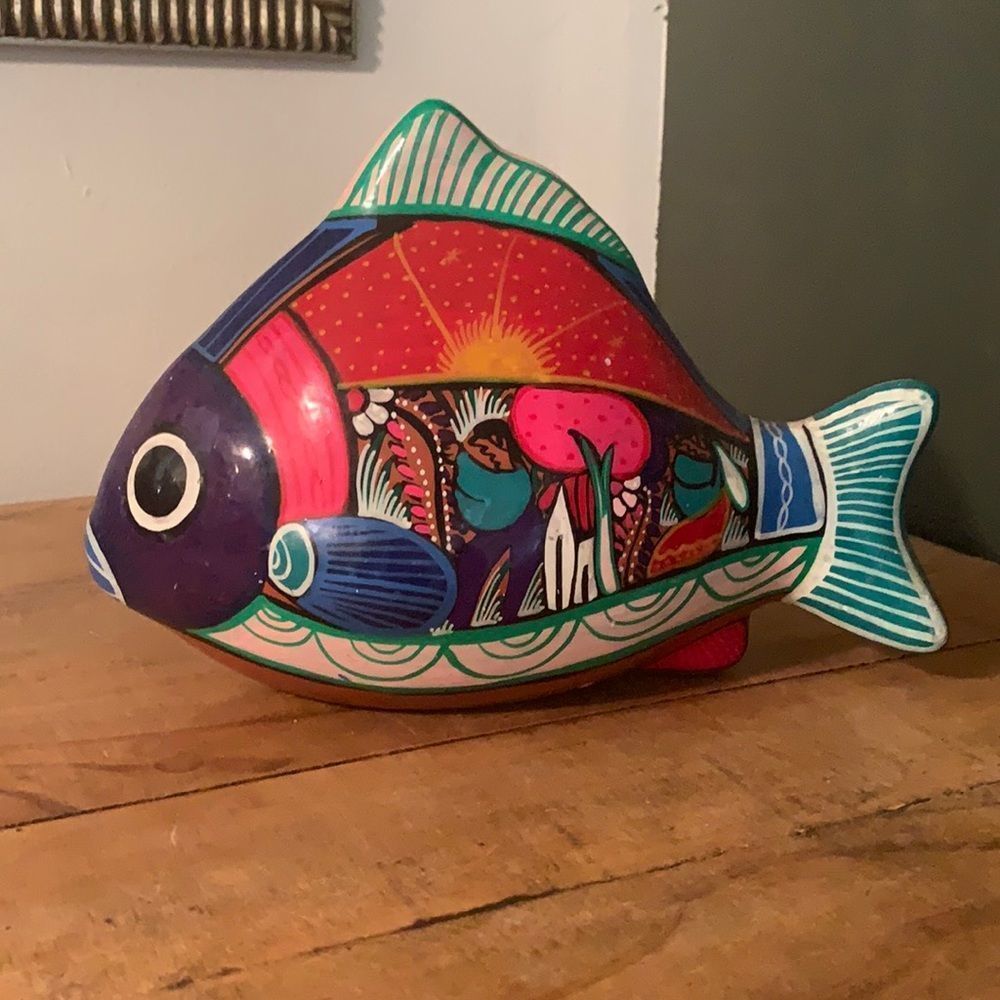 Mexican Clay Folk Art Painted Clay Fish Pottery
